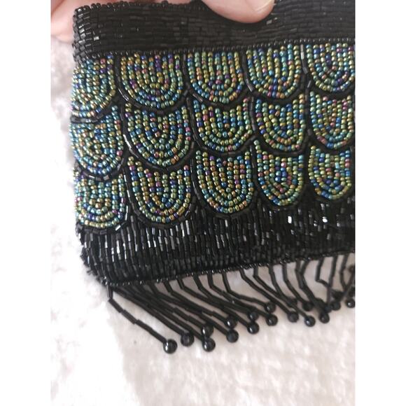 LADY JADE BLACK/RAINBOW IRRIDESCENT BEADED SMALL VINTAGE CROSSBODY PURSE BAG - Picture 2 of 9
